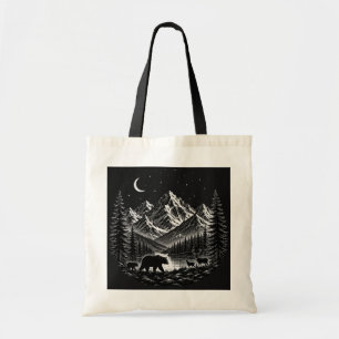 Mystic Mountain Wildernis Nacht Linocut Stijl Tote Bag