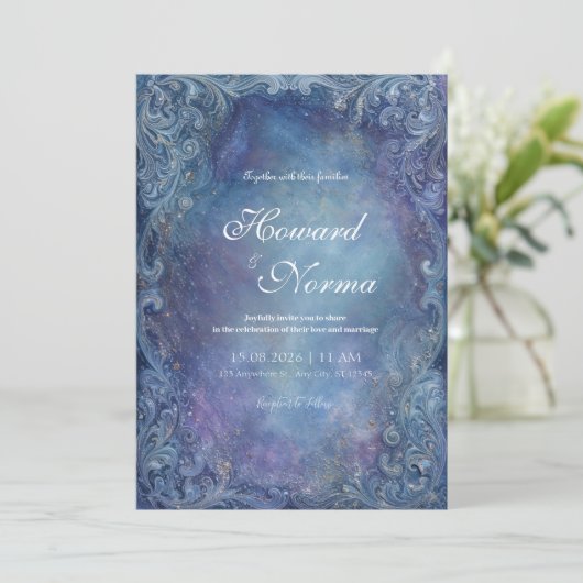Mystic Nebula Blue Wedding Invitation Kaart (Staand voorkant)