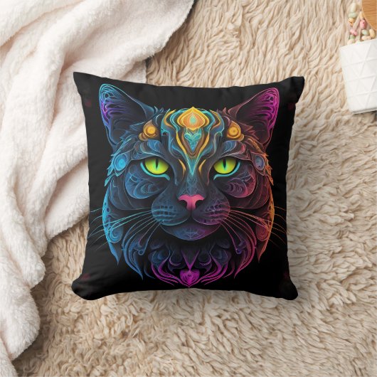 Mystic Neon Mandala Cat Psychedelic Feline Fantasy Kussen (Deken)