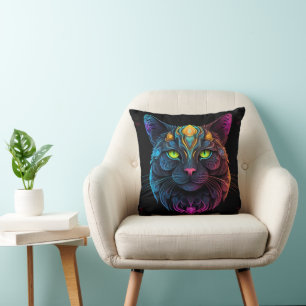 Mystic Neon Mandala Cat Psychedelic Feline Fantasy Kussen