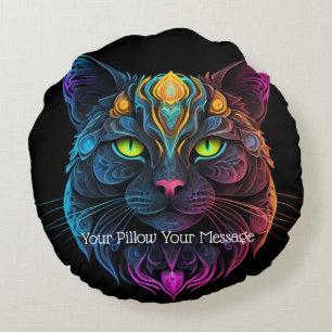 Mystic Neon Mandala Cat Psychedelic Feline Fantasy Rond Kussen