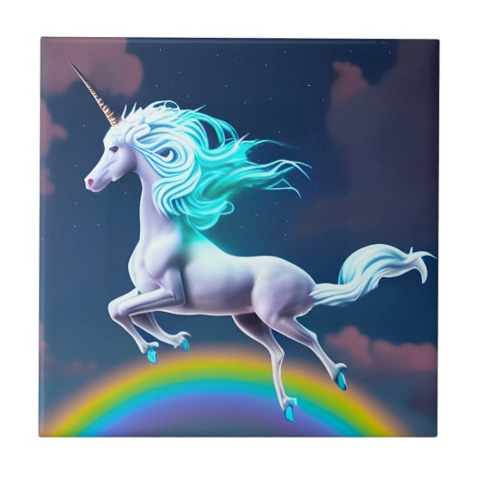 Mystic Night Flying Unicorn Rainbow Ceramic Tile Tegeltje (Voorkant)