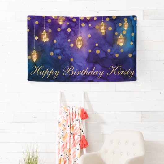 Mystic Paars Blue Lantern Bokeh Birthday Party Spandoek (Insitu)