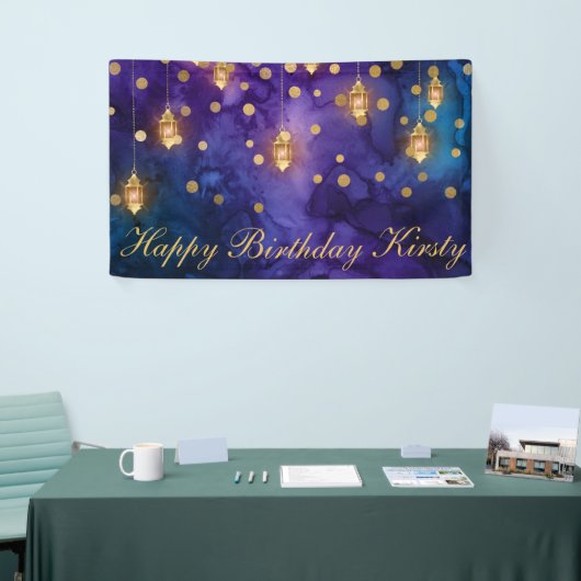 Mystic Paars Blue Lantern Bokeh Birthday Party Spandoek (Beurs)