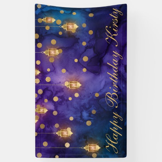 Mystic Paars Blue Lantern Bokeh Birthday Party Spandoek (Verticaal)