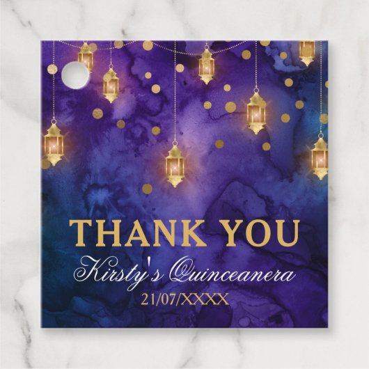 Mystic Paars Blue Lantern Bokeh Quinceanera Bedankjes Labels (Voorkant)