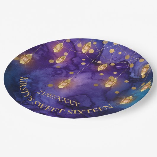Mystic Paars Blue Lantern & Gold Bokeh Sweet 16 Papieren Bordje (Gekanteld)