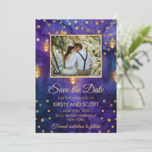 Mystic Paarse Night Lantern Bokeh Save the Date Kaart (Staand voorkant)