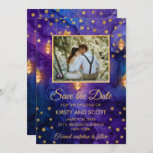 Mystic Paarse Night Lantern Bokeh Save the Date Kaart (Voorkant / Achterkant)