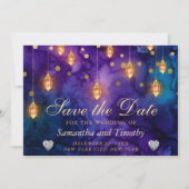 Mystic Paarse Night Lantern Bokeh Save the Date Kaart (Voorkant)