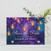 Mystic Paarse Night Lantern Bokeh Save the Date Kaart (Staand voorkant)
