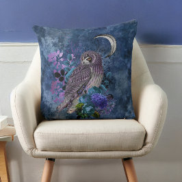 Mystic Paarse Uil en Moon op Grijs Blauw Kussen
