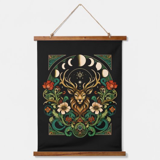 Mystic Pagan Stag en Maan Fase Hangend Wandkleed (Voorkant)