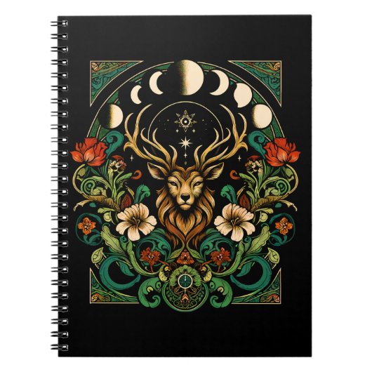 Mystic Pagan Stag en Maan Fase Notitieboek (Voorkant)