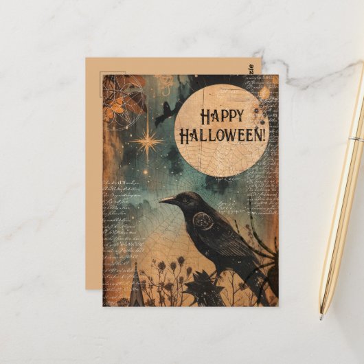  Mystic Raven Moon Happy Halloween Briefkaart (Voorkant / Achterkant in situ)