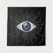 Mystic Silver & Blue Evil Eye Nazar Mati op zwart Wandkleed (Voorkant)