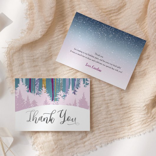 Mystic Snow Wood Winterbomen Paarse Blauw Zilver Bedankkaart