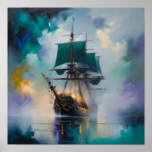 Mystic Tall Ship in Fog – Dreamlike Nautical Paint Poster (Voorkant)