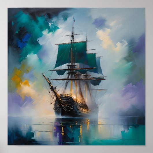 Mystic Tall Ship in Fog – Dreamlike Nautical Paint Poster (Voorkant)