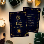 Mystic Tarot Fortune Navy Gold 30th Birthday Party Kaart<br><div class="desc">Een moderne, elegante en chic-sjabloon van de 30ste verjaardag met een tarot, een waarzeggerthema, met een marine achtergrond, een deco-lijst met tarotelementen: de zon, de maan, de krijst enz. en een goudlaag (dit is een digitaal effect, geen echte folie). Een leuke 30e verjaardagsfeestuitnodiging voor een moderne vrouw op haar dertigste...</div>