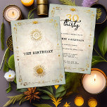 Mystic Tarot Fortune Old Gold 30th Birthday Party Kaart<br><div class="desc">Een moderne, elegante en chic-sjabloon van de 30ste verjaardag met een tarot, een waarzeggerthema, met een oude parkachtergrond, een deco-lijst met tarotelementen: de zon, de maan, de krijt enz. en een goudlaag (dit is een digitaal effect, geen echte folie). Een leuke tarotfeestje voor haar ontwerp voor een moderne vrouw op...</div>