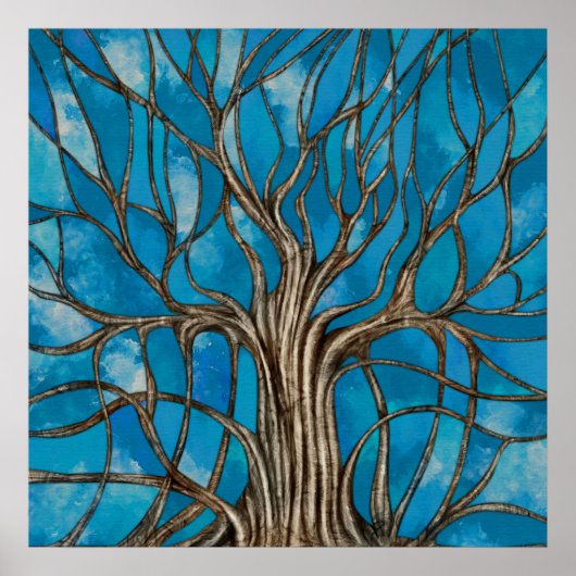 Mystic Tree of Life Mosaic Blue Waterverf Poster (Voorkant)
