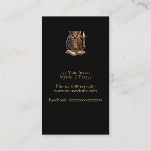 Mystic uil op zwart visitekaartje (Achterkant)