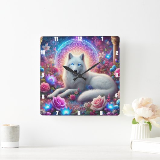 Mystic White Wolf Vierkante Klok (Huis)