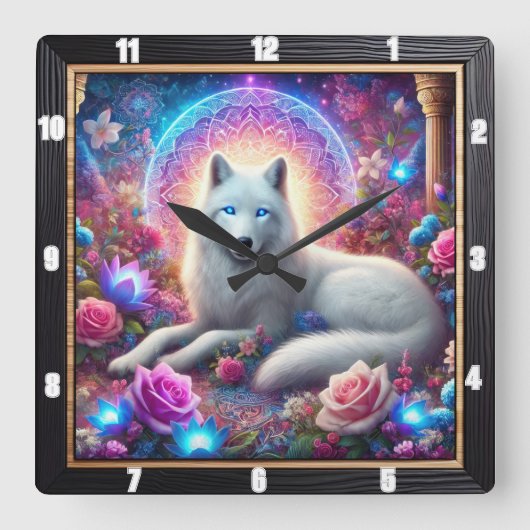 Mystic White Wolf Vierkante Klok (Voorkant)