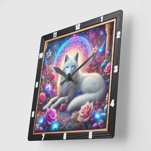 Mystic White Wolf Vierkante Klok (Hoek)