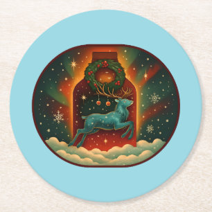 Mystic Winter Stag-Blue BG Ronde Kartonnen Onderzetter