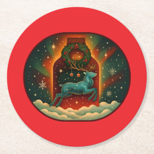 Mystic Winter Stag-Red BG Ronde Kartonnen Onderzetter