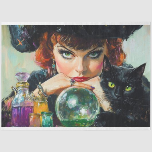 Mystic Witch & Black Cat Halloween Decoupage Tissuepapier (Voorkant)