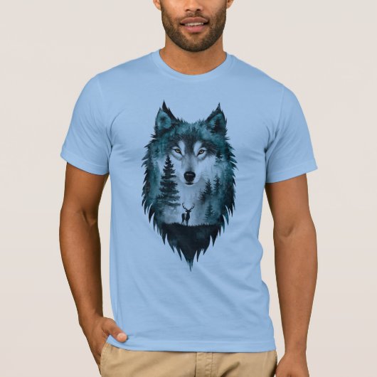 Mystic Wolf Forest Double Exposure T-Shirt (Voorkant)