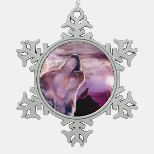 Mystic Wolf Howling bij de maan Tin Sneeuwvlok Ornament (Voorkant)