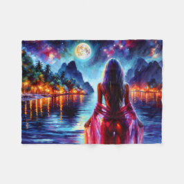 Mystic woman under full moon reflections art fleece deken