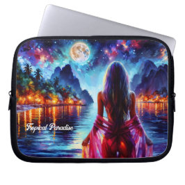 Mystic woman under full moon reflections art laptop sleeve