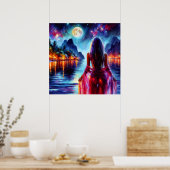 Mystic woman under full moon reflections art poster (Keuken)