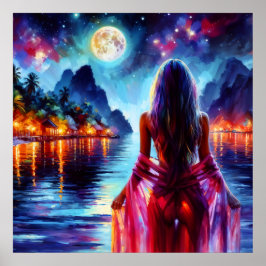 Mystic woman under full moon reflections art poster