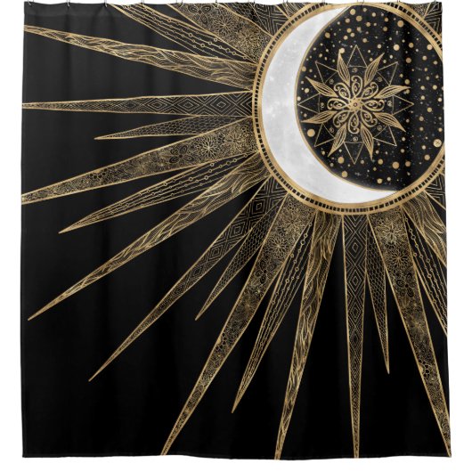 Mystic Zwart Goud Zon Maan Mandala Douchegordijn (Voorkant)