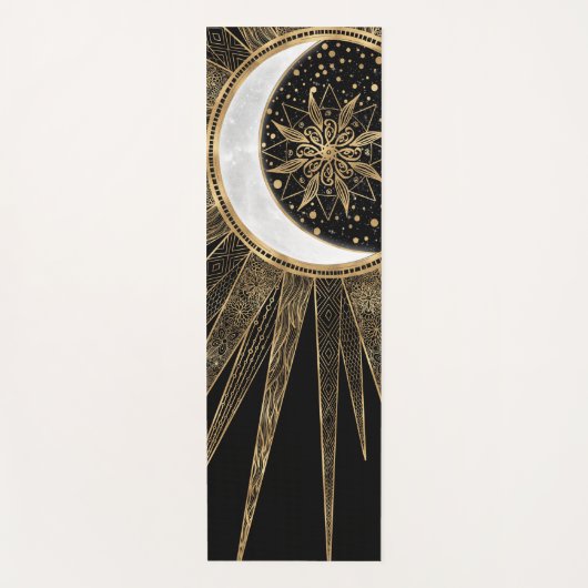 Mystic Zwart Goud Zon Maan Mandala Yogamat (Voorkant)