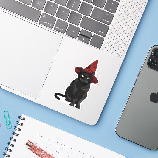 Mystic Zwarte Kat met Donkerrood Pet Classic T-shi Sticker (Laptop met iPhone)