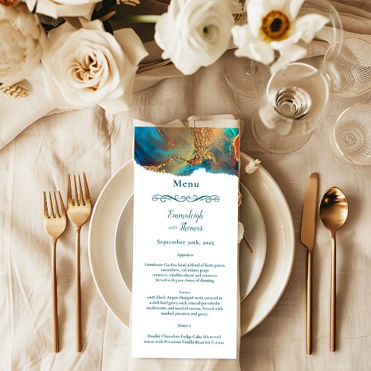 Mystical Abstract Blauwgroen Coral Gold Wedding Me Menu