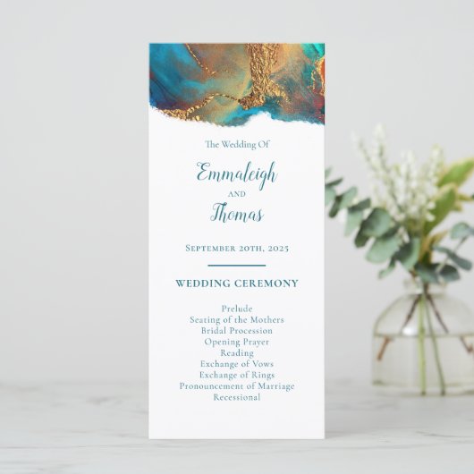 Mystical Abstract Blauwgroen Coral Gold Wedding Programmakaart (Staand voorkant)