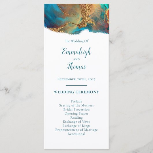 Mystical Abstract Blauwgroen Coral Gold Wedding Programmakaart (Voorkant)