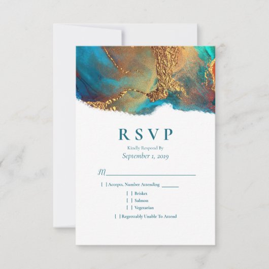 Mystical Abstract Blauwgroen Coral Gold Wedding RS RSVP Kaartje (Voorkant)