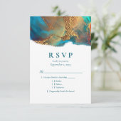 Mystical Abstract Blauwgroen Coral Gold Wedding RS RSVP Kaartje (Staand voorkant)