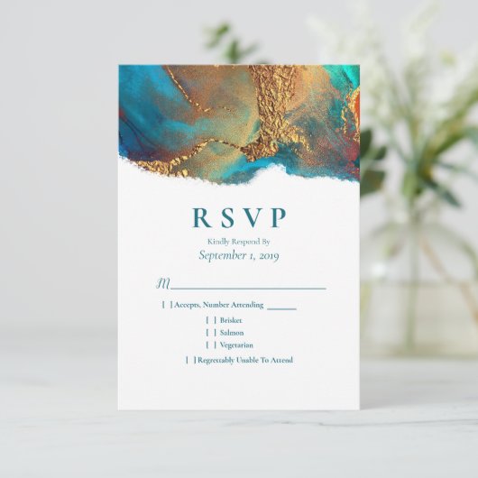 Mystical Abstract Blauwgroen Coral Gold Wedding RS RSVP Kaartje (Staand voorkant)