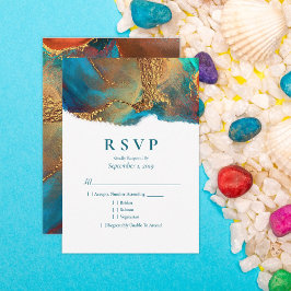 Mystical Abstract Blauwgroen Coral Gold Wedding RS RSVP Kaartje