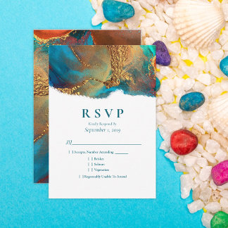 Mystical Abstract Blauwgroen Coral Gold Wedding RS RSVP Kaartje